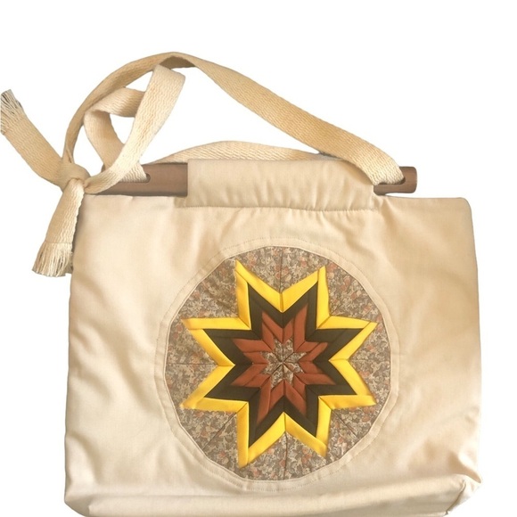 Handmade Quilted Sunburst Lined Small Tote Book Bag Wood Handles Pockets Lined - Picture 1 of 5